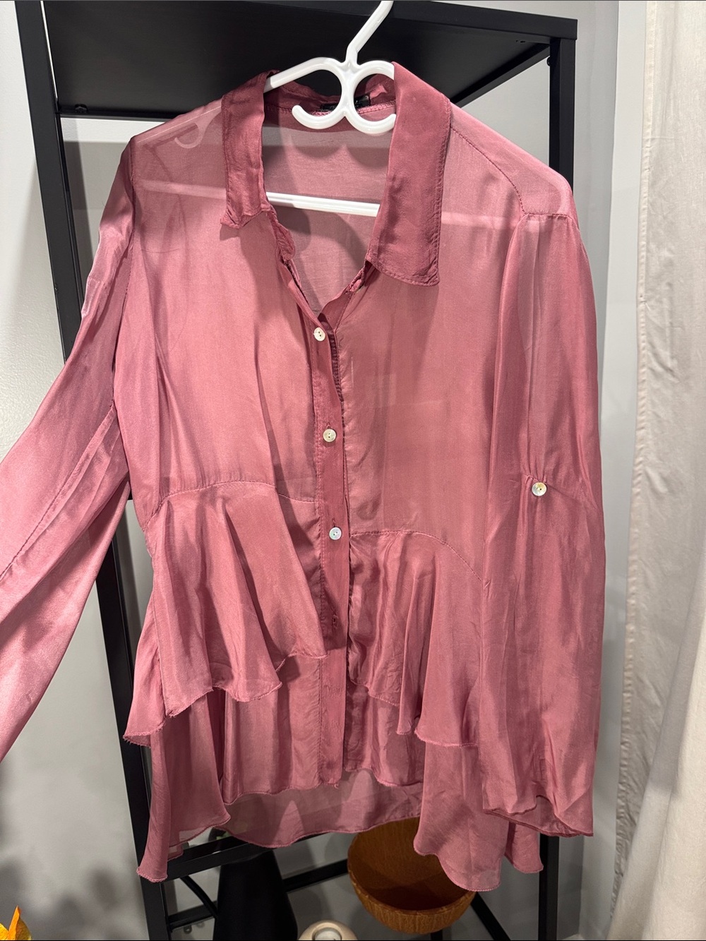 062. Silk Sheer Ruffle Button-Front Blouse - Rose